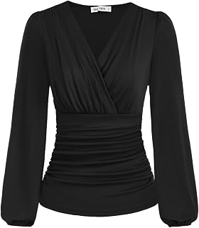GRACE KARIN Women's Plain Long Sleeve Lantern Cross Neck V Neck Blouse Summer Top with Ruched Waist Top Women Chic and Elegant