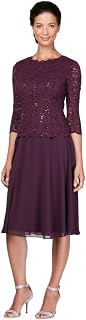 Alex Evenings Women's Tea Length Embroidered Bodice, Mother of The Bride Dress, Wedding Guest, (Petite and Regular Sizes) Special Occasion Dress, Deep Plum, 40