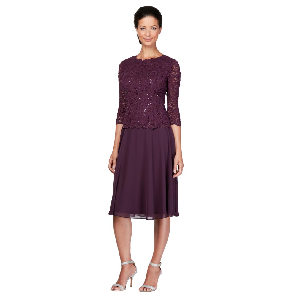 Alex Evenings Women's Tea Length Embroidered Bodice, Mother of The Bride Dress, 