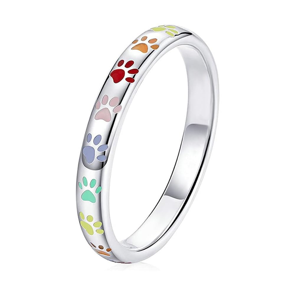 Cute Paws Print Band Ring for Women Men Pet Lovers Colorful Cat Dog Paws Stacked