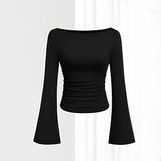 2 Pack Women Long Sleeve Crop Tops Black Beige Bell Sleeve Boat Neck Tops Y2K Ruffled Ribbed Tops