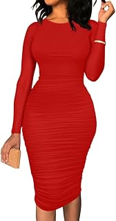 BEAGIMEG Women's Ruched Long Sleeve Elegant Bodycon Basic Casual Midi Dress