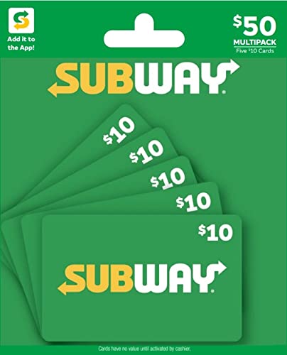 SUBWAY Physical Gift Card | Multipack of 5 x $10 - $50