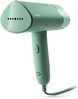 Philips 3000 Series Défroisseur à main, Compact et pliable Prêt à l'emploi en 30 secondes, 1 000 W, jusqu'à 20 g/min, Plus besoin de table à repasser, Vert, (STH3010/70) | Prêt en 30 secondes, réservoir amovible 100ml, plaque plastique, pochette incluse, léger 630g (STH3010/70)