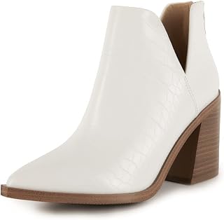 FISACE Womens Pointed Toe Stacked Mid Heel Ankle Boots V Cut Back Zipper Faux Leather Booties