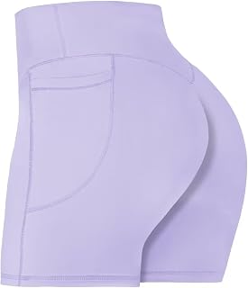 Sunzel Women's Front Seamless Biker Shorts with Pockets, Tummy Control Yoga Gym Bike Workout Shorts 5"