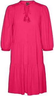 VERO MODA Crepe Short Dress with Drawstring and 3/4 Sleeves Midi Summer Tunic Dress