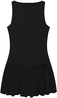Womens Sleeveless Mini Tank Dress Boat Neck Drop-Waist A Line Dress Solid Color Bodycon Bow Zipper Back Mini Dress
