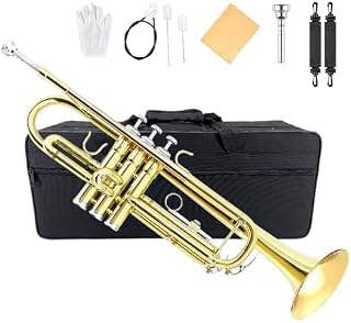 Yinfente Bb Standard Trumpet Set for Beginner or Advance Student, Brass Student Trumpet Instrument With Hard Case, 7C Mouthpiece, Cleaning Kit,White Gloves Glod