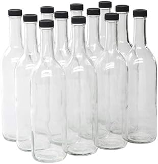 North Mountain Supply Glass Bordeaux Wine Bottles, 750ml, Case of 12, Clear | Home Brewing Wine Bottles, Alcoholic Drink Storage, Screw Top, Flat-Bottomed, Black Plastic Screw-Top Lids, Clear Flint Glass