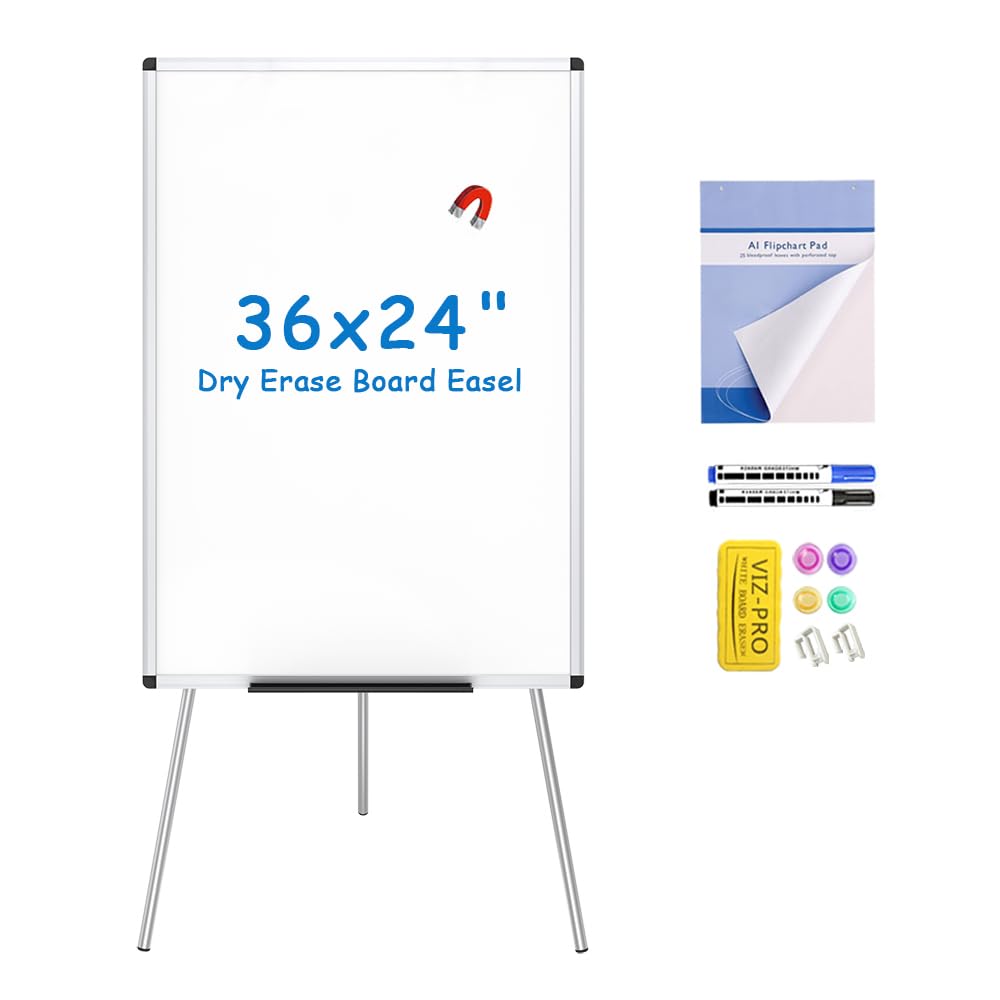 VIZ-PRO Magnetic Whiteboard Easel, 36 x 24 Inches, Portable Dry Erase Board | 3'