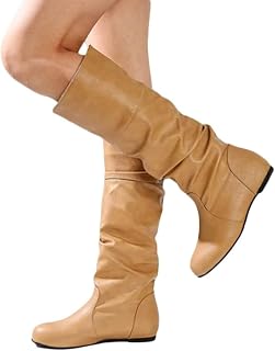 ORANDESIGNE Women's Leather Boots Medium Round Toe Chunky Heel Comfortable Warm High Boots Autumn Winter