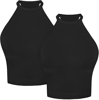 Sunzel Women's Ribbed Seamless Halter Neck Cropped Yoga Worokout Tank Top