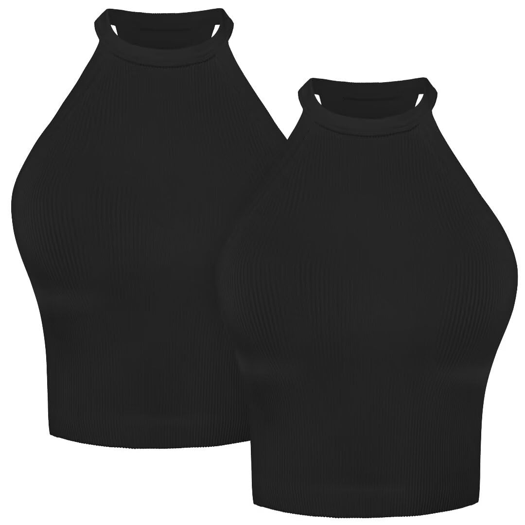 Sunzel Women's Ribbed Seamless Halter Neck Cropped Yoga Worokout Tank Top