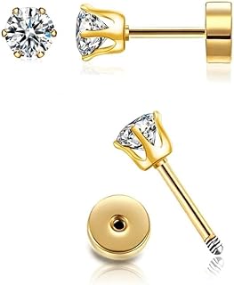 CZ Stud Earrings 14K Gold Stud Earrings,Flat Back Cubic Zirconia Earrings for Helix Cartilage Earlobe Piercing Jewelry | Cartilage Earring | Helix Piercing Jewelry