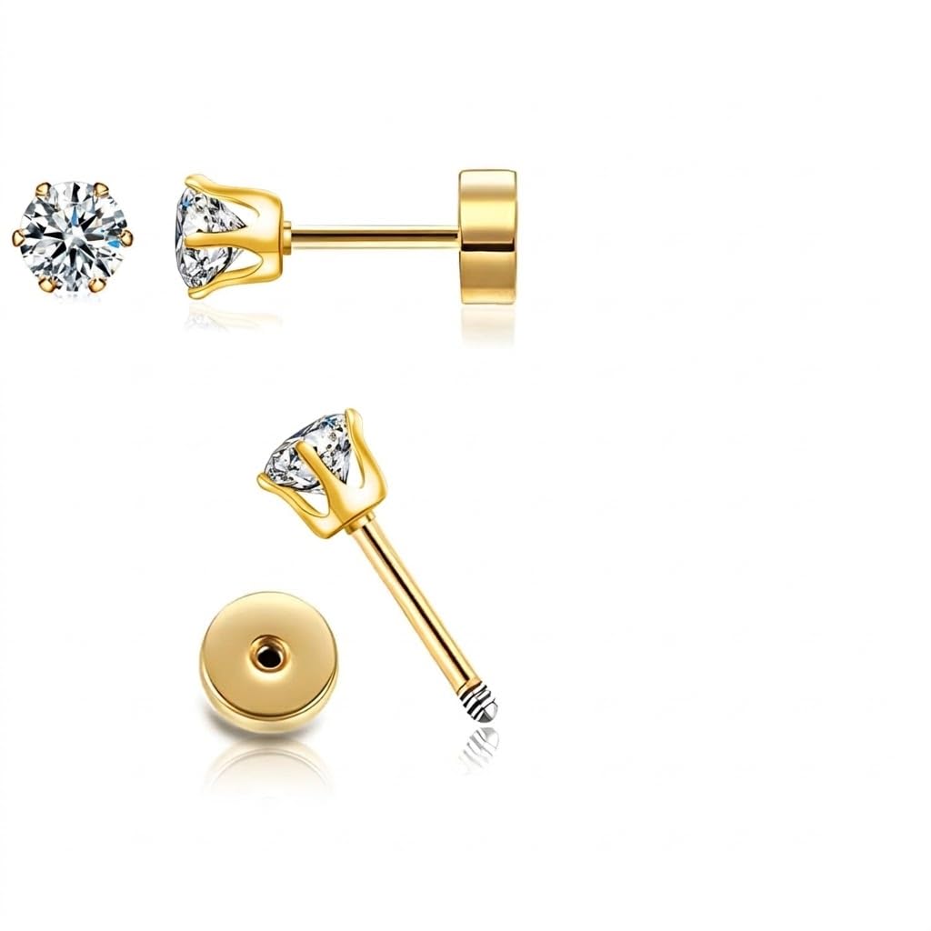 CZ Stud Earrings 14K Gold Stud Earrings,Flat Back Cubic Zirconia Earrings for He
