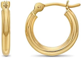 14k Yellow Gold Classic Shiny Polished Round Hoop Earrings, 2mm tube, Yellow Gold, No Gemstone