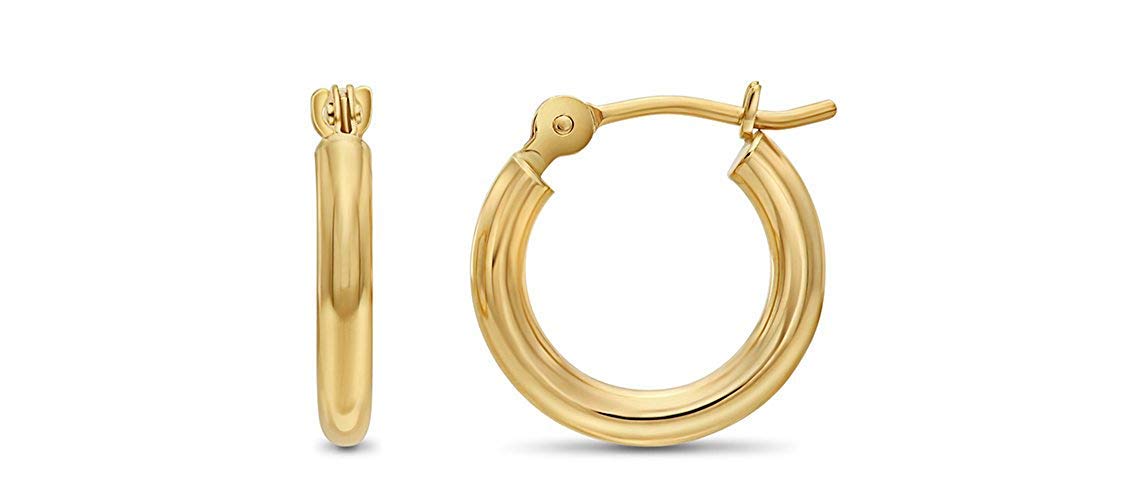 14k Yellow Gold Classic Shiny Polished Round Hoop Earrings, 2mm tube, Yellow Gol