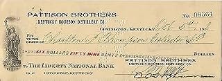 1918 Pattison Brothers Kentucky Bourbon Covington Ky. Cancelled Check Pre Pro