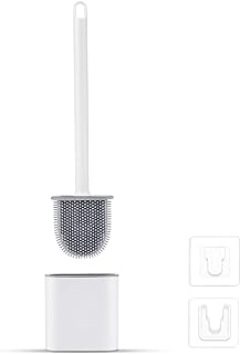 Ibergrif Silicone Toilet Brush and Holder Set, Quick Drying, Deep Cleaning | Long Handle, Flexible Head, Loo Brush with Base for Anti-drip, Wall-Mounted or Freestanding, White M34151-3