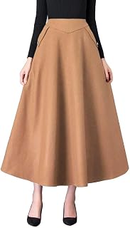 IDEALSANXUN Women’s Fall Winter High Waisted Wool Plaid A-line Long Skirt