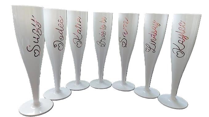 Personalised Plastic Glass, White Champagne Flute, 175ml, Bride, Bridesmaid, Hen