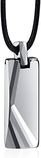 Rockyu Men's Tungsten Necklace, Simple, Geometric Rectangular Pendant, Mirror Surface, Shiny Plate, Leather Chain, Men's Necklace, Stylish