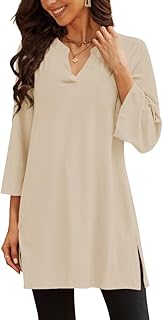 Poetsky Womens Tunic Tops 3/4 Bell Sleeve Loose Fit Tunics Dressy Casual Side Split Flare Top for Leggings