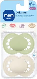 MAM Original Baby Pacifier 16+ Mths, Skin Soft Silicone Nipple, 2 Pack | BPA-Free Skin Soft Silicone Nipple, Developed With Medical Experts, With Sterilizer Case, Easy To Clean, Made In Europe