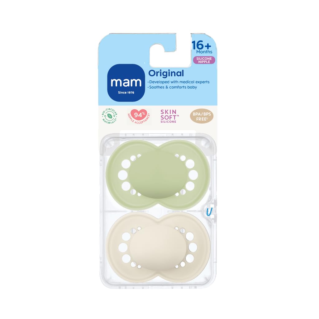 MAM Original Baby Pacifier 16+ Mths, Skin Soft Silicone Nipple, 2 Pack | BPA-Fre