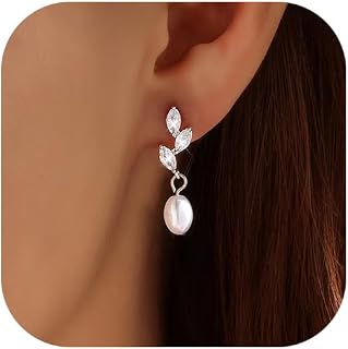 Pearl Earrings for Women, 14k Gold Plated Trendy Diamond Pearl Drop Earrings Bridal Shower Gifts Wedding jewelry for Women