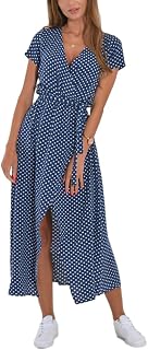 ORANDESIGNE Women's Summer Dress Casual V-Neck Long Dress Elegant Short Sleeve Boho Floral Printed Midi Dress Holiday Beach Casual Dresses with Belt