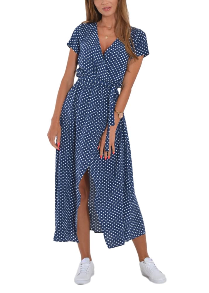 ORANDESIGNE Women's Summer Dress Casual V-Neck Long Dress Elegant Short Sleeve B
