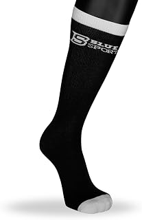 Blue Sports Thin Fit Hockey Socks, Coolmax Moisture-Wicking, Jr & Sr | Anti-Friction Flat Toe Seam, Stretch Polyester Blend, Under Shin Guards, Jr 15-17 in & Sr 18-20 in Leg