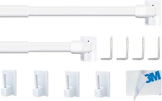 2PCS Net Curtain Rods Extendable, Adjustable Rod for Walls, Extendable Curtain Rods White for Cupboard, Windows with 4PCS Self-Adhesive Rod's Hooks(90-150CM/35.43-59.05Inch, White)