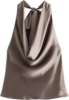 CORIRESHA Women's Elegant Satin Tie Back Cowl Neck Sleeveless Silk Backless Tank Top