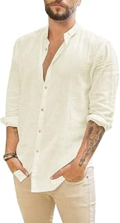 Mens Long Sleeve Linen Shirts Button Down Cotton Band Collar Casual Summer Beach Tops