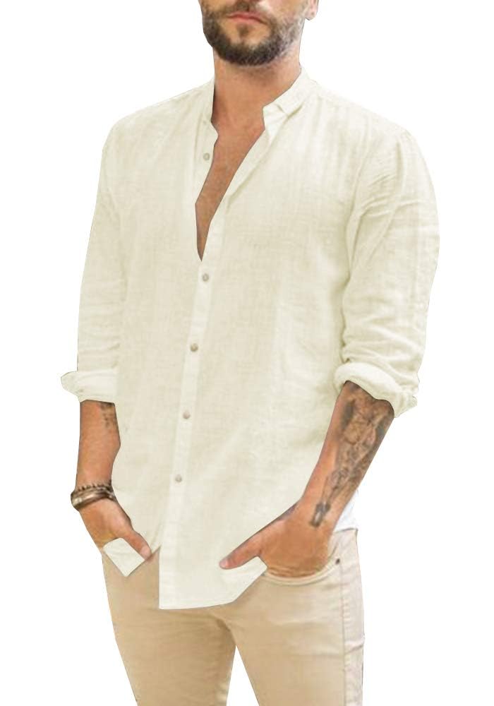 Mens Long Sleeve Linen Shirts Button Down Cotton Band Collar Casual Summer Beach