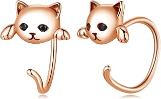 BISAER 925 Sterling Silver Half Huggie Hoop Earrings Cute Cat Dog Panda Animal Earrings for Women Jewelry Gifts