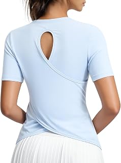 Women’s Open Back Workout Tops Short Sleeve Athletic Shirts for Women