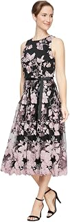 Alex Evenings Women's Sleeveless Midi Dress with Elegant Embroidery, Full Skirt And Tie Belt (Petite And Regular Sizes), Black And Rose