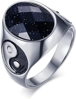 Rockyu Men's Ring, Silver, Branded Pattern, Single Stone Onyx Ring, Titanium, Hypoallergenic, Friends, New Year, Graduation, Gift, Accessory