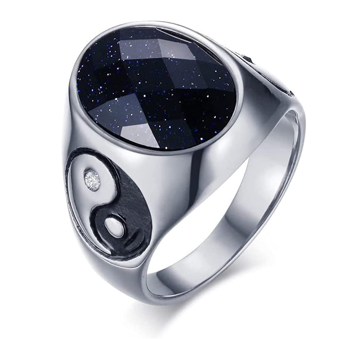 Rockyu Men's Ring, Silver, Branded Pattern, Single Stone Onyx Ring, Titanium, Hy