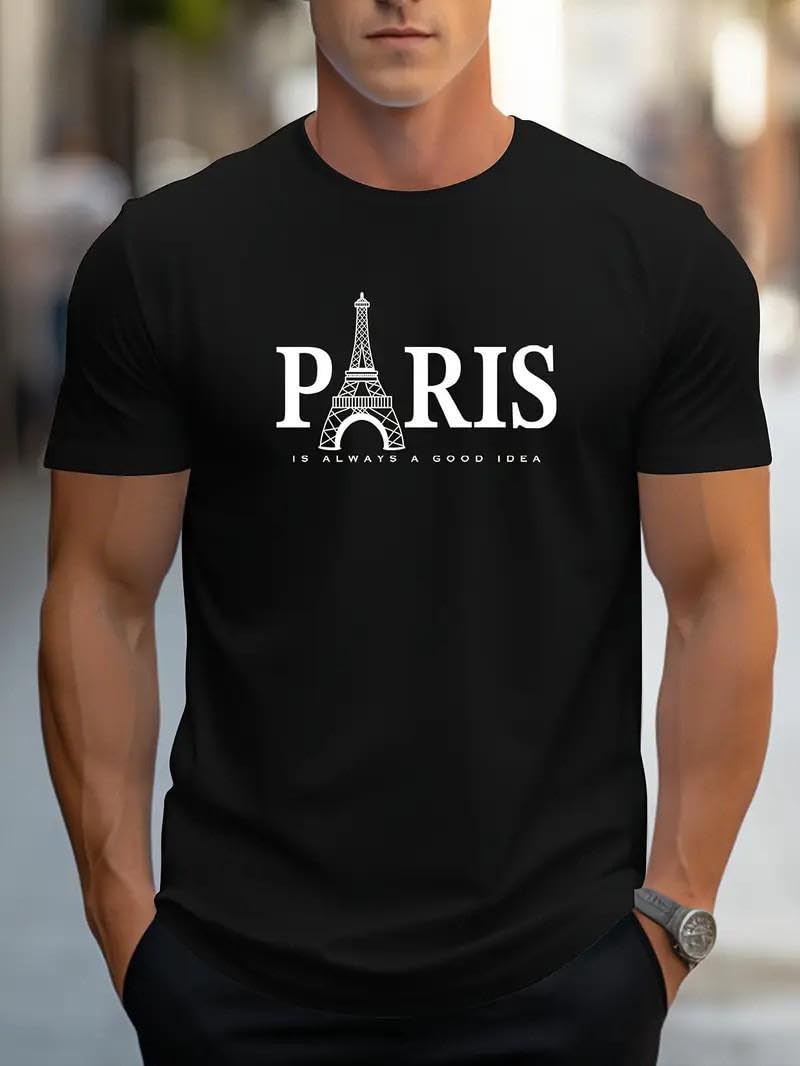 Paris Is Always A Good Idea Mens Eiffel Tower Print Short Sleeve Round Neck Casu