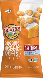 Earth's Best Organic Veggie Puffs for Toddlers 2 Years Old and Up, Cheddar Flavor, 1.55 Ounce Bag (Pack of 4)