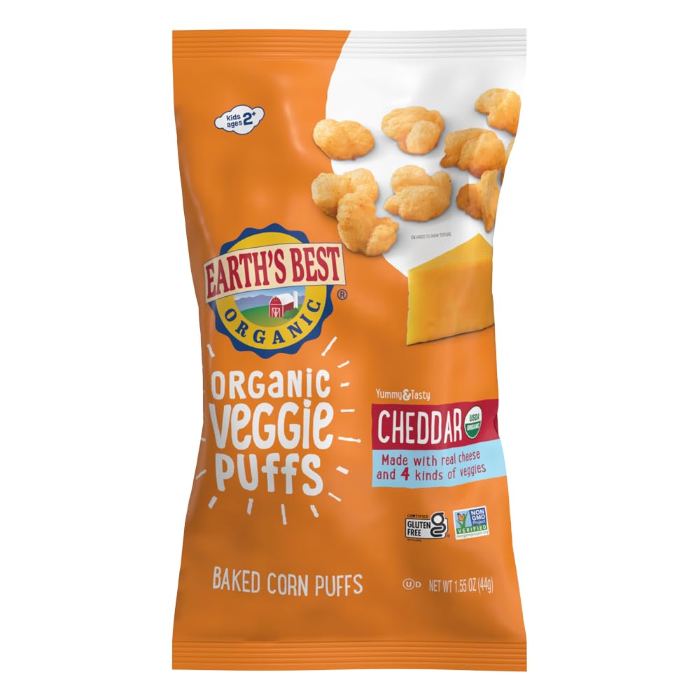 Earth's Best Organic Veggie Puffs for Toddlers 2 Years Old and Up, Cheddar Flavo