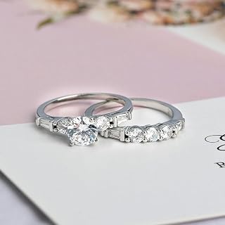 Set di 2 anelli di fidanzamento rotondi placcati in oro bianco con zirconia cubica intarsiata, per matrimonio, promessa, feste serali, anniversari, San Valentino, regali eterni per donne