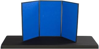 Displays2go Trifold Tabletop Presentation Board | 54 x 30 Hook & Loop Fabric Display with Dry Erase Panels, Blue & White, 3PV5430BLU