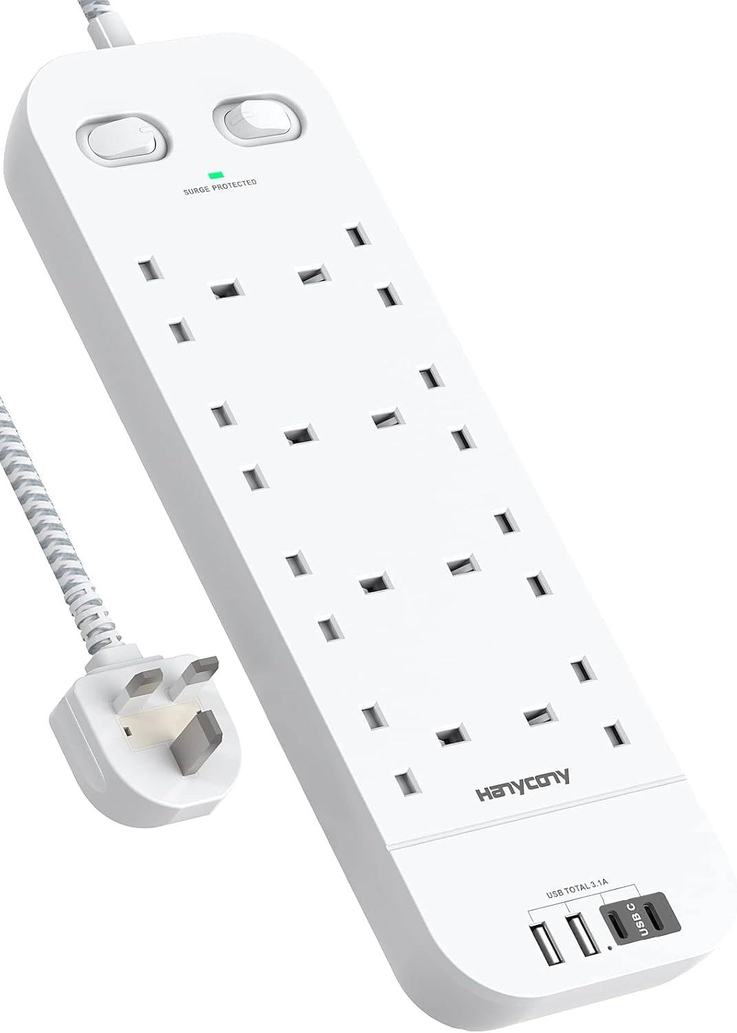 Extension Lead with 2 USB C Slots, 8 Way Power Strip Surge Protector | 4 USB Por