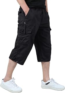 KEFITEVD 3/4 Casual Shorts for Man Elastic Waist Cotton Work Pants Outdoor Summer Cargo Shorts with Pockets
